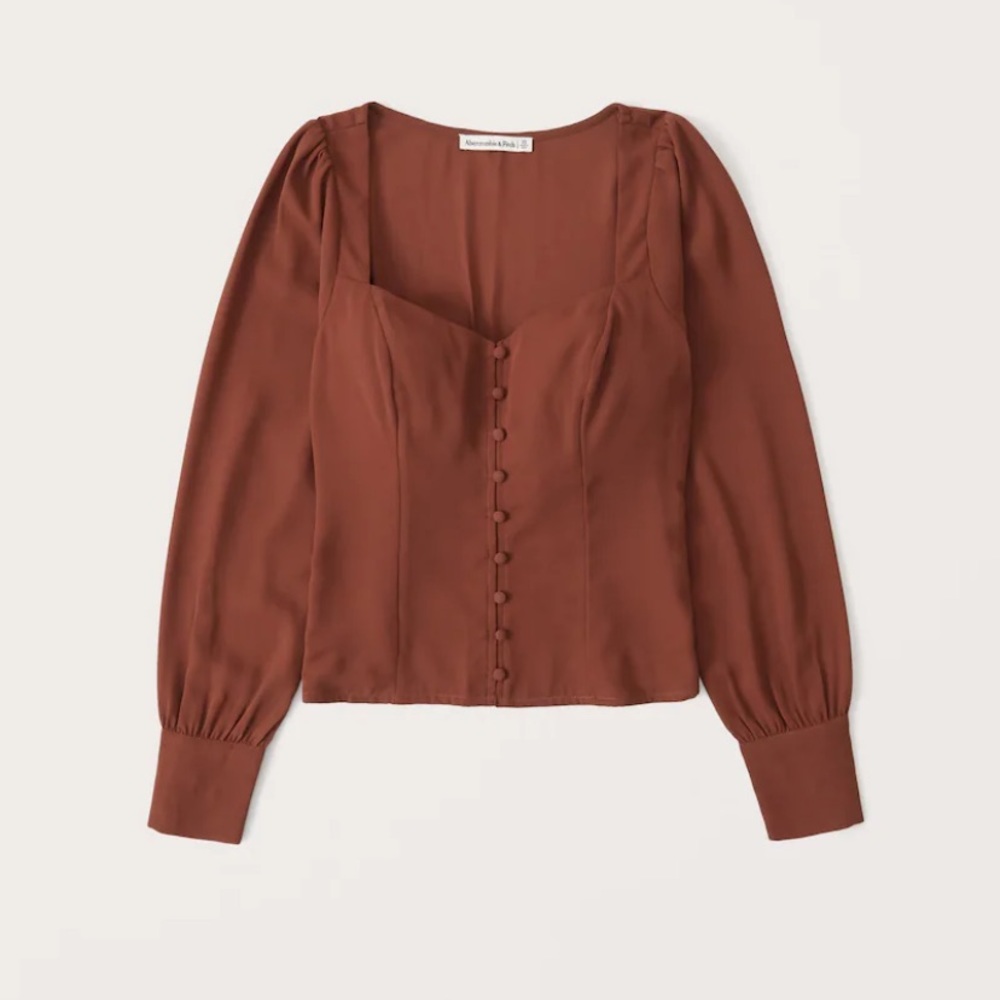 (Abercrombie) Long-Sleeve Button-Through V-Neck Top
